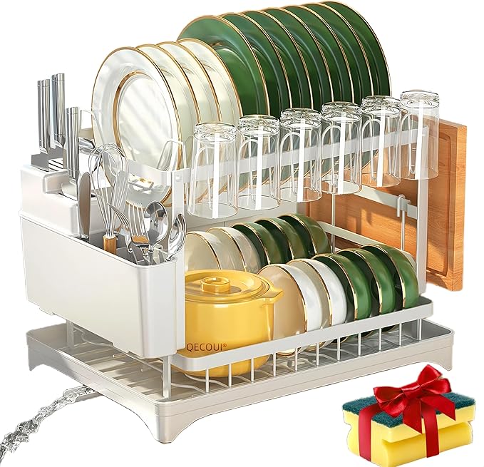 2-Tier Dish Drying Rack with Drainboard, Sink & Countertop Metal Dish Rack Organizer, Dish Drainers for Kitchen Counter, White Dish Racks