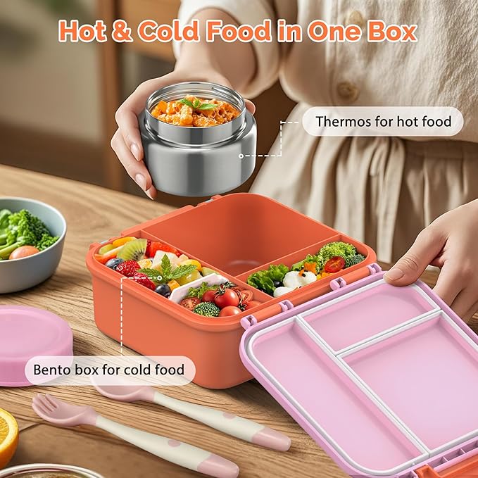 Bento Box for Kids with Soup Thermos(9oz)– Kid Bento Lunch Box with Leak Proof Insulated Food Jar, Hot & Cold Lunch Container Set for School Girls Boys, 4-Compartments, Pink/Orange