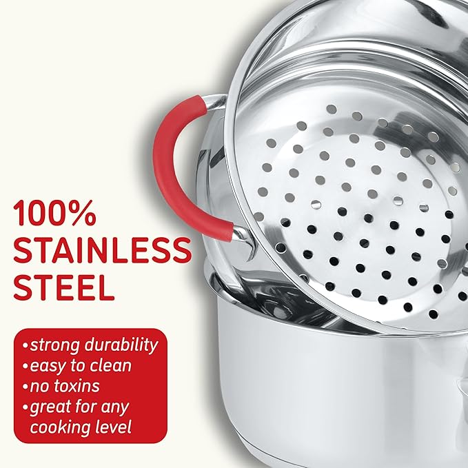 Concord Stainless Steel SIMPLE POUR Saucepan with Steamer Tier. Vented Glass Lid. Features Dual Pouring Spouts and Volume Marking on pot. Perfect for making Sauces, Jam, Ramen, and more (3 Quart)