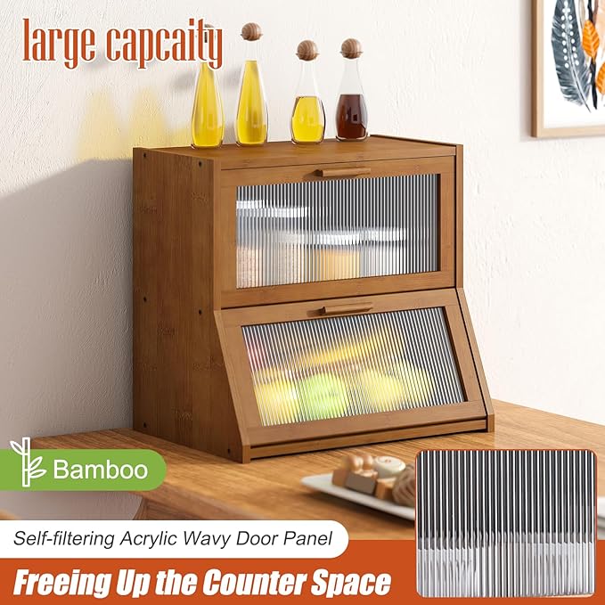 GHWIE Double Layer Bamboo Bread Box for Kitchen Counter,Large Capacity Bread Storage Bin,Bread Container with Acrylic Wavy Door Panel (Brown, Extra Large)