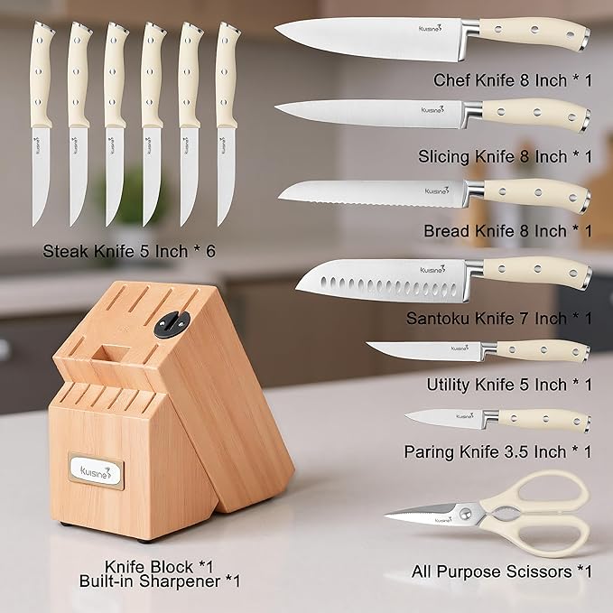 KUISINE Upgraded Knife Set High Carbon Stainless Steel Sharper Blade Ergonomic Handle,Knife Block Set with Built- in Sharpener(Ivory Pro Acacia,15PCS)