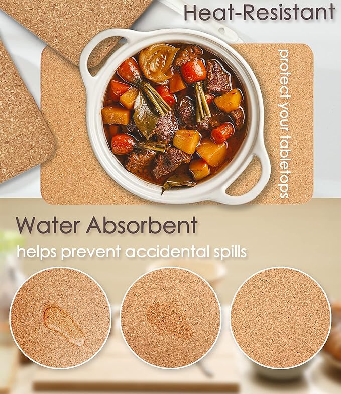 Cork Trivet, High Density Fine Particle Thick Cork Trivets for Hot Dishes, 12 x 7 Inch Heat Resistant Cork Coaster, Rectangle Cork Placemats Cork Hot Pads for Kitchen, 4 Pcs