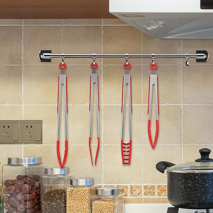 4in1 Stainless Steel Kitchen Food Tongs Set for Cooking with Silicone Tips, Toaster Steak Pie Pizza Pasta Spaghetti Noodles Salad Fruit Vegetable Grill BBQ Buffet Clamp Serving Tools Gadgets