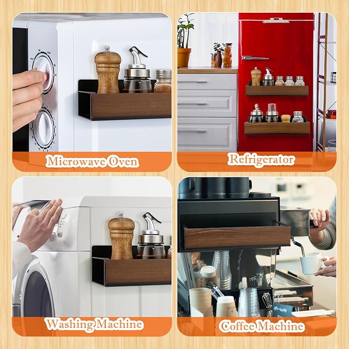 2 Pack Farmhouse Magnetic Spice Rack for Refrigerator Metal Magnet Basket Shelf for Fridge Seasoning Storage Organizers Home Decor Kitchen Accessories (Wooden Color)