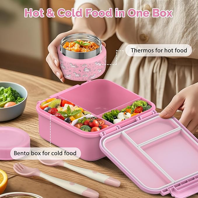 Kids Lunch Box Set with Bento Box, 9oz Stainless Steel Thermos & Insulated Lunch Bag – Hot & Cold Leakproof Lunch Container with Utensils for School & Travel, Pink Set