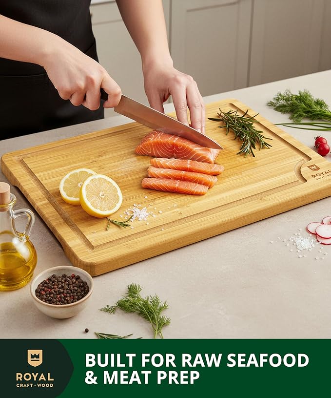 ROYAL CRAFT WOOD Premium Cutting Boards for Kitchen Meal Prep & Serving - Bamboo Wooden Serving Board Set with Deep Juice Groove Side Handles - Charcuterie & Chopping Butcher Block for Meat