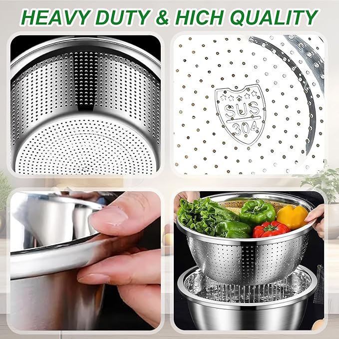 304 Stainless Steel Microporous Colander Set - 3QT Large Capacity Kitchen Strainer, Dishwasher Safe for Vegetable/Fruit/Rice Washing & Cooked Pasta Draining （2PC)