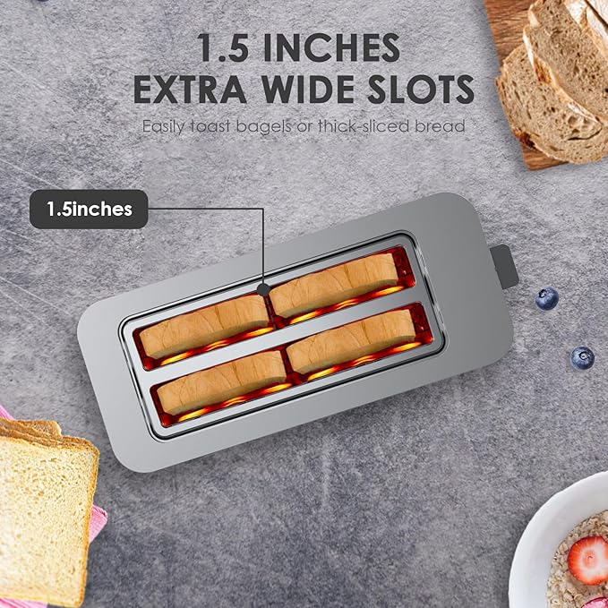Geek Chef Toaster 4 Slice, 1.5" Touch Screen Extra Wide Slots for Bagels & Waffles, 6 Browning Levels, Timer, Reheat, Defrost, Cancel Function, Auto Shut-Off, Removable Crumb Tray, Stainless Steel