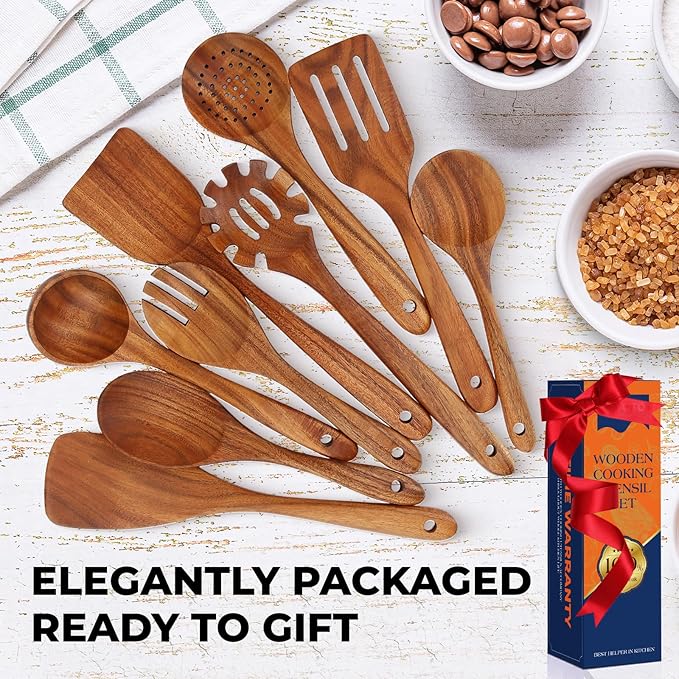 Wooden Utensil Set, Natural Teak Wooden Kitchen Utensils Set, Essential Wooden Spoons for Cooking (9Pcs)