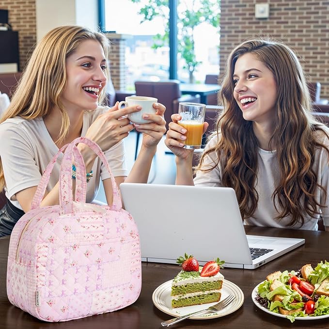 Quilted Lunch Box for Women,Cute Purple Patchwork Lunch Bags for Work, School,Office,Picnic,Travel(purple pin)