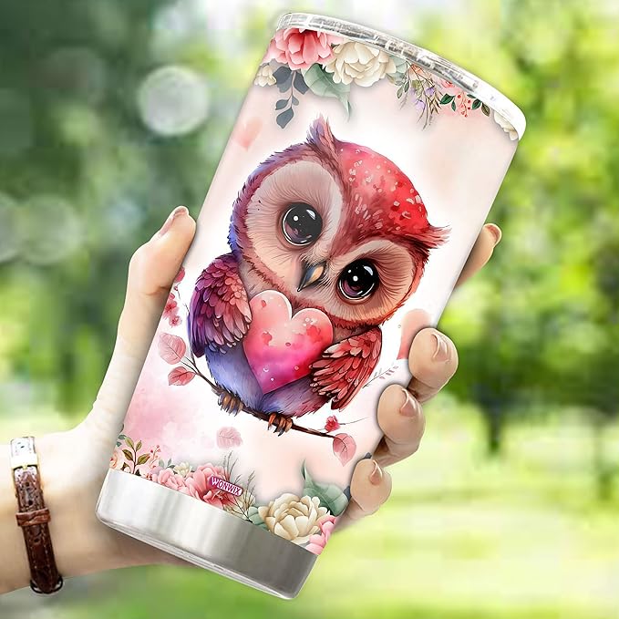 Owl Tumbler 20oz Cute Animal Gift for Women, Girls Who Freaking Love Owls Woodland Lovers Heart Perfect Wife Daughter Insulated Stainless Steel Coffee Cup with Lid