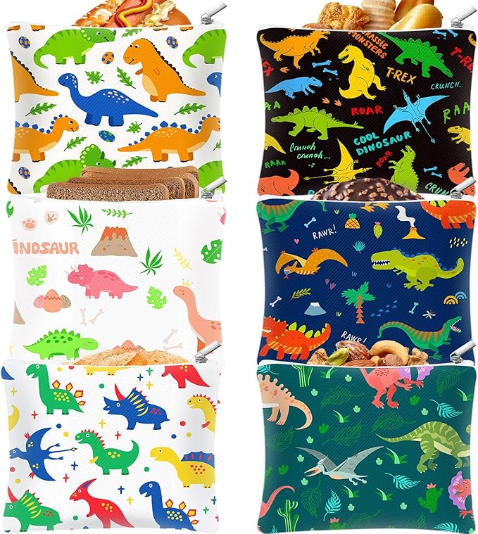 Chumia 6 Pcs Reusable Snack Bags Christmas Gifts Food Safety Washable Snack Bags Lunch with Zipper Portable Sandwich Bag Food Storage Pouch Double Layer(Dinosaur,7 x 7 Inches)