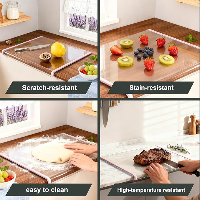 Clear Cutting Board for Countertop (17"x13.3"),Glass Cutting Board with Lip,Kitchen Countertop Protector, Non Slip,Gifts suitable for Christmas, Mother's Day and fatherly occasions (Pink)