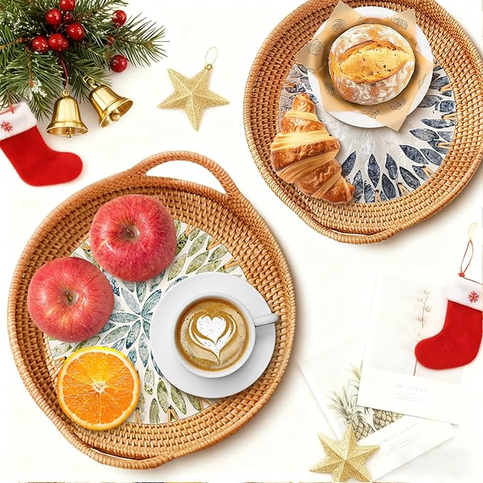 Christmas Gift Set – 3 Handwoven Rattan Trays with Natural Shell Inlay, Boho Decorative Wicker Serving & Coffee Table Trays with Handles for Home Decor, Candles, Snacks & Holiday Entertaining