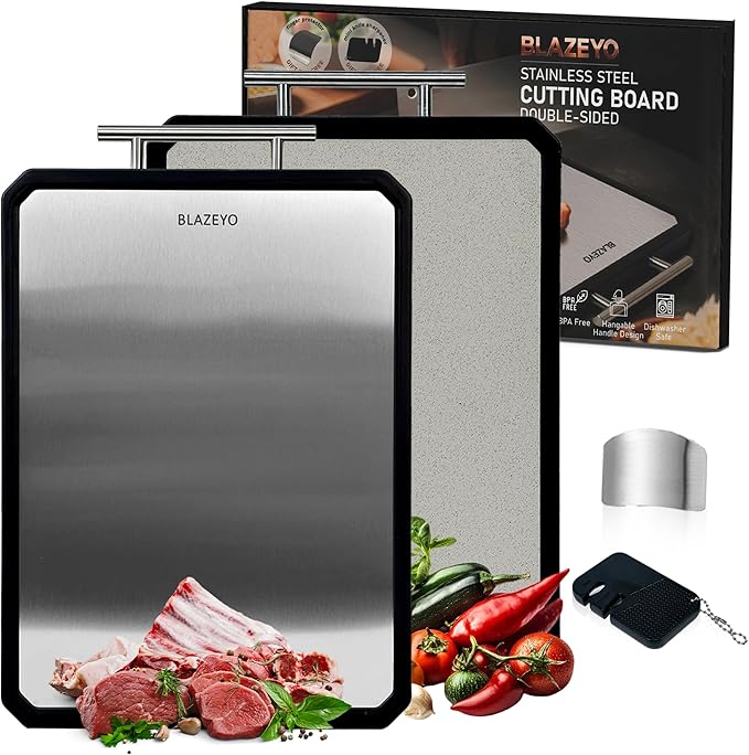 Stainless Steel Cutting Board, Heavy Duty Large 16”×11” 2-in-1 Double Sided Chopping Board for Kitchen, Food Grade Non Toxic Wheat Straw PP & Steel Surfaces, for Meat/Vegetables, Dishwasher Safe