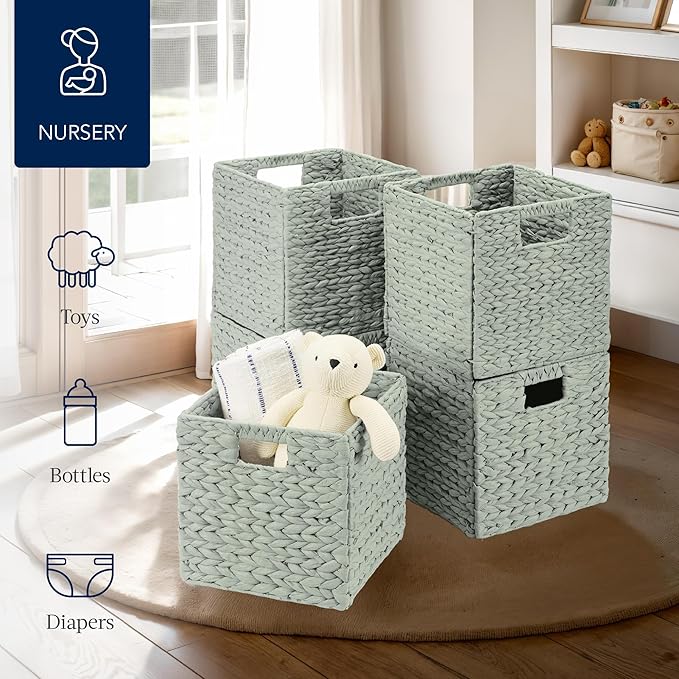 Best Choice Products 10.5x10.5in Pack of 5 Cube Storage Baskets, Water Hyacinth Multipurpose Collapsible Organizers, Handwoven Toy Storage Totes for Kids Room, Nursery & Living Room - Sage