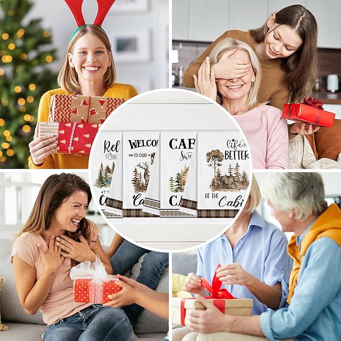 pinata Cabin Decor, Log Cabin Kitchen Towels Set of 4, Rustic Farmhouse Dishes Hand Towels for Home Kitchen Housewarming Gifts