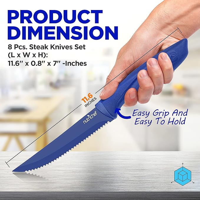 NutriChef SereneLife Stainless Steel Knife Set, 8 Pcs. - Non-Stick Coating, Sharp Serrated Blades, Professional Kitchen Set, Rust-Resistant, Dishwasher Safe, Ideal for BBQ & Grilling, Blue