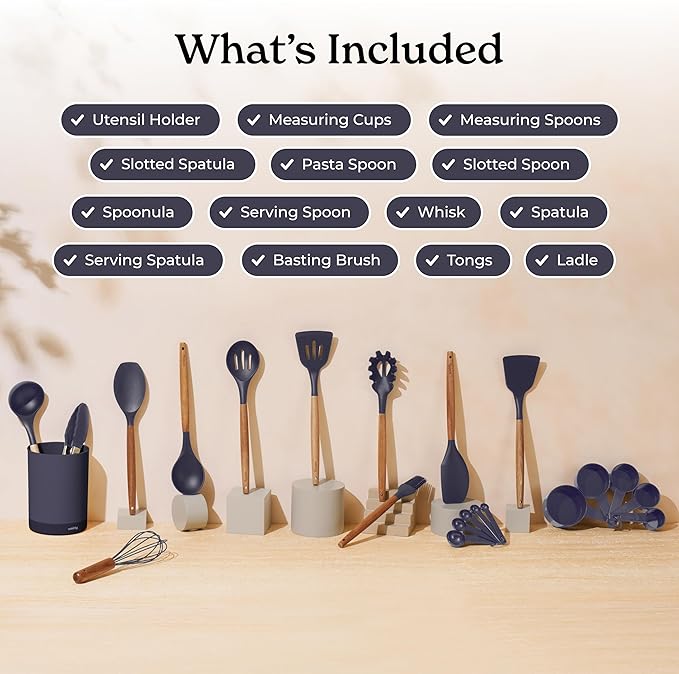 Silicone Kitchen Utensils Set & Holder: Cooking Utensils Set - Kitchen Essentials for New Home & 1st Apartment- Silicone Spatula Set, Cooking Spoons for Nonstick Cookware (Acacia Wood, Grey)