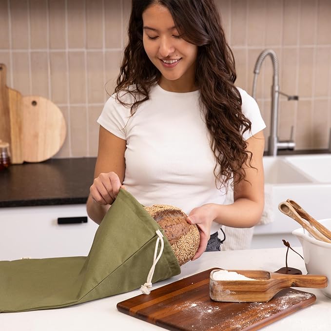 2-Pack Reusable Cotton Bread Bags (Green + Neutral) - Fits 2 Loaves | Food-Safe, BPA-Free Liner Keeps Homemade & Sourdough Bread Fresh | Eco-Friendly, Washable | BHTR Goods