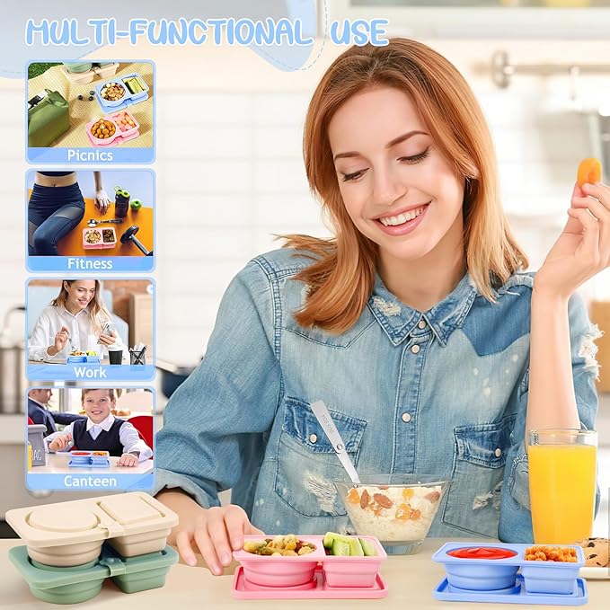 4 Pack Silicone Reusable Snack Containers with Lids, Double Compartment Snack Containers with Foldable Fork, Small Size for Sauce Containers, Travel, School, Office & Picnic