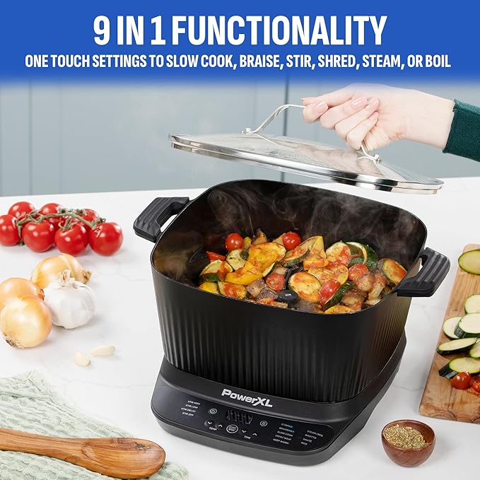 STIRMAX DELUXE 7.5 Quart Digital Multi-Cooker with Automatic Paddle to Stir and Shred, 9 in 1 programmable presets to Sauté, Sear, and Brown Food Before Simmering – Accessories, Skillet, & Cookbook