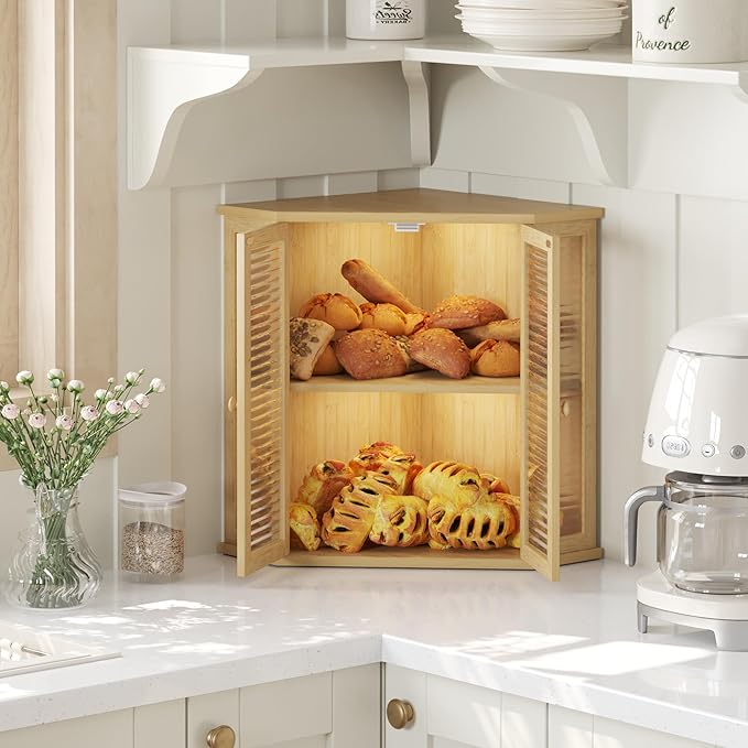 Corner bread box Bread Box for Kitchen Countertop - Corner Bread Storage Box 16.51" H, Premium Pine Wood with Glass Door, Perfect for Homemade Bread, Baguettes & Pastries (Natural wood)