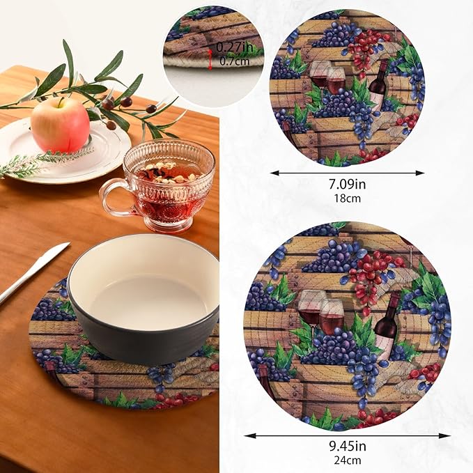 Kitchen Trivets Pot Holders Set of 2, Wooden Red Wine Grapes Trivets for Hot Pots Dishes Woven Trivet Coaster Pad Mat for Counter