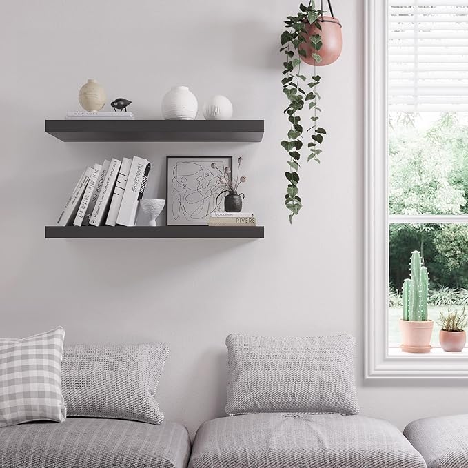 Floating Shelf, Set of 3 Wall Shelf, 24 in W x 12.75 in D x 2 in H Wooden Floating Wall Shelf with Invisible Brackets for Living Room/Bedroom/Bathroom/Kitchen Storage and Decor, Black