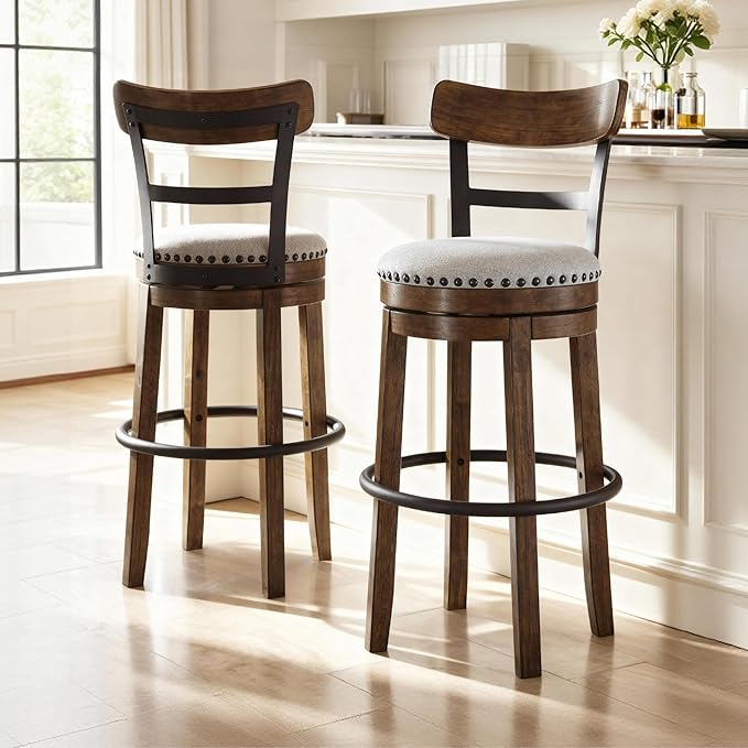 Signature Design by Ashley Valebeck | 30″ Farmhouse Pub-Height Swivel Barstool With Back – Upholstered Cushion, Nailhead Trim, Metal & Wood Frame, Brown