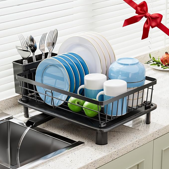 Dish Drying Rack, Stainless Steel Space-Saving Dish Rack, Dish Racks for Kitchen Counter, Kitchen Dish Drainers with Removable Utensil Holder,New Drain Outlet,Plate Rack and Drainboard, Black