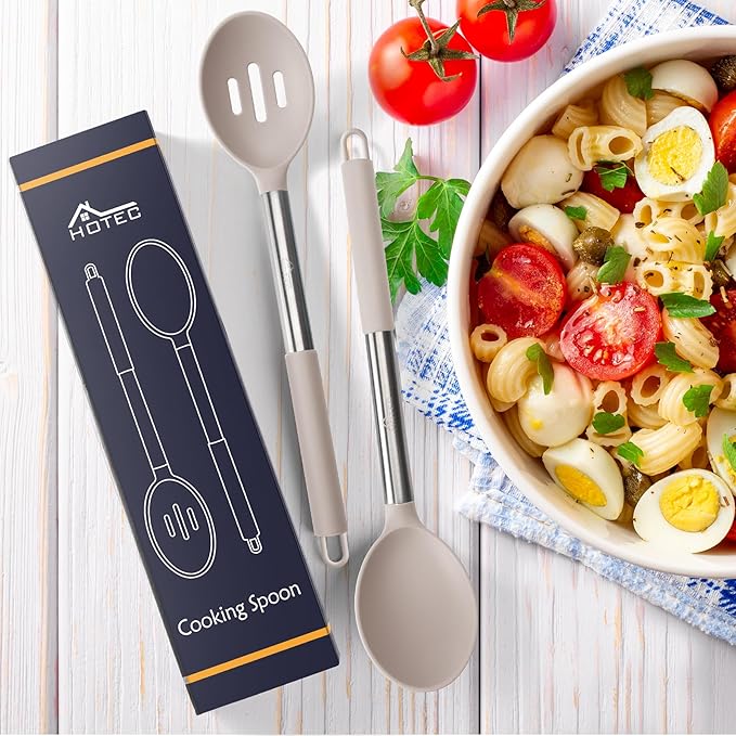 HOTEC Heat Resistant Large Silicone Cooking Spoon, Solid Slotted Spoons, Nonstick Kitchen Cookware Utensils, Mixing, Serving, Stiring Large Spoons, Khaki