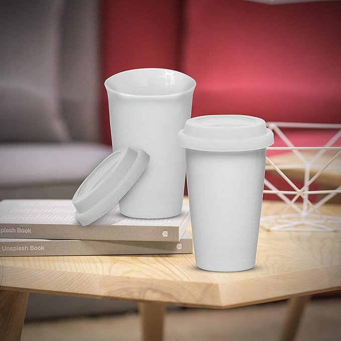 DISCOUNT PROMOS 11 oz. Double Wall Ceramic Tumblers with Lid - 6 Pack - White