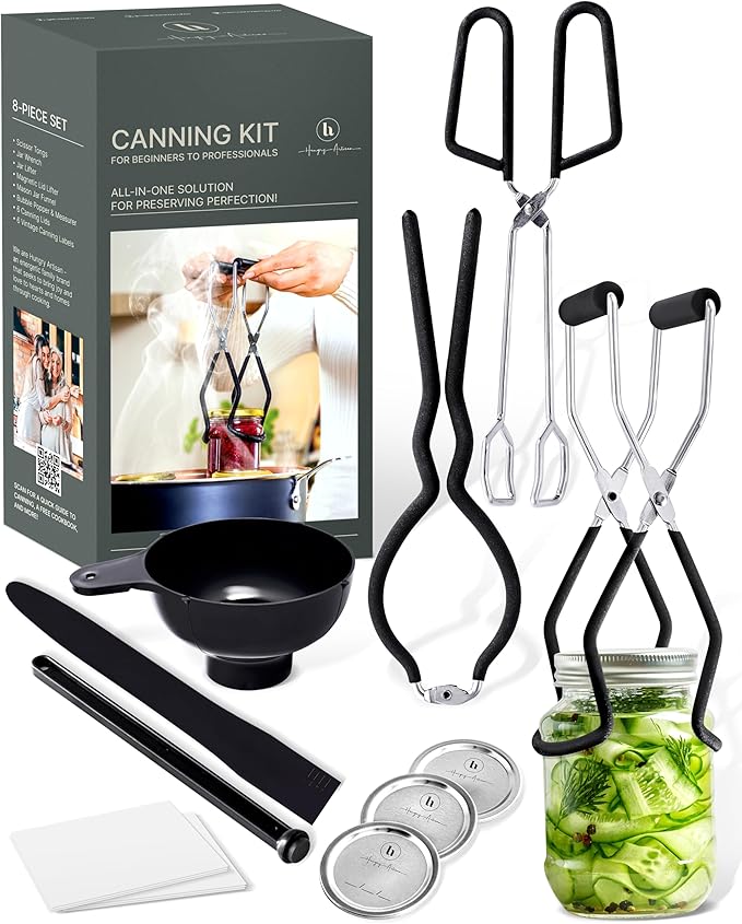 Canning Supplies Set of 8 – Canning Kit for Beginners – Complete Home Canners Equipment – Mason Jar Lifter, Funnel & Wrench, Tongs, Bubble Popper, Magnetic Lid Lifter, Canning Labels & Lids