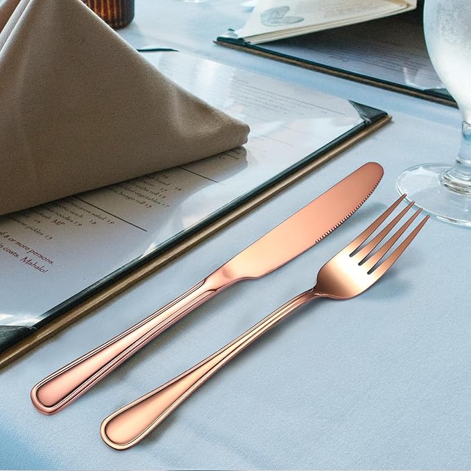 20 Pieces Rose Gold Flatware Set for 4 Person Luxury Stainless Steel Cutlery Forks Knives Spoons Modern Eating Utensils Double Line Edges Handle