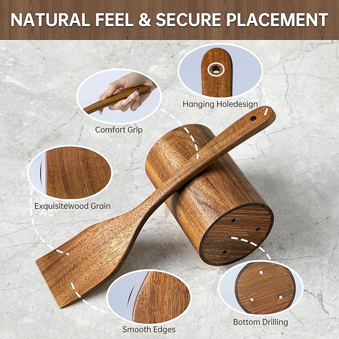 12 PCS Acacia Wooden Spoons for Cooking - Heat-Resistant, Comfort Grip,Easy to Clean, Non-stick Friendly - Kitchen Utensil Set with Holder, Spoon Rest & 6 Hooks, Ideal for Gifting