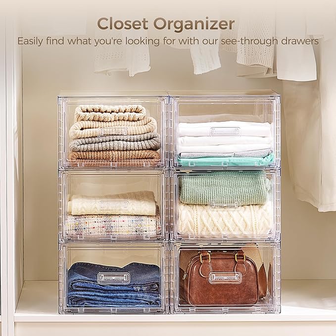 Vtopmart 6 Pack 18QT Clear Stackable Storage Drawers,Easily Assemble Closet Organizers,Plastic Storage Bins for Bathroom,Cabinet,Kitchen Pantry,Under Sink Organization(Medium)