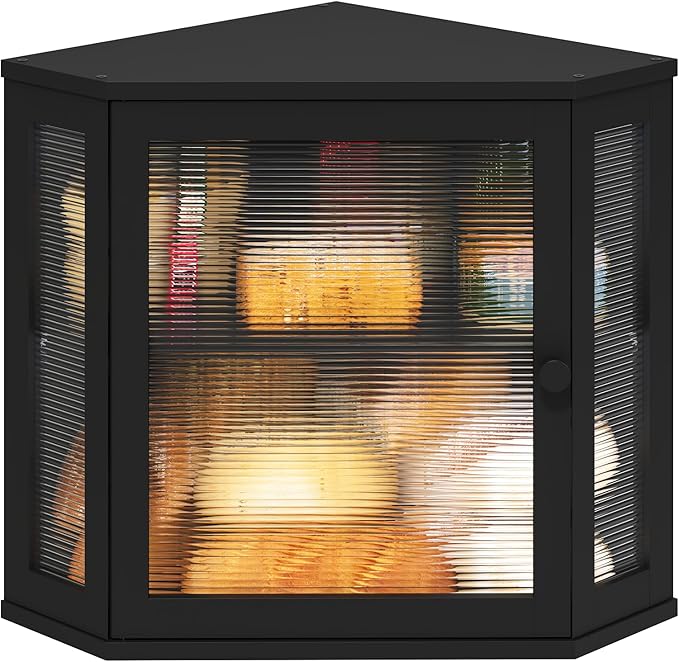 Corner Bread Box for Kitchen Counter, Bamboo Wood Black Bread Box, Large Capacity Bread Storage Bin with Acrylic Wavy Door Panel (Black, Meduim)