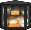 Corner Bread Box for Kitchen Counter, Bamboo Wood Black Bread Box, Large Capacity Bread Storage Bin with Acrylic Wavy Door Panel (Black, Meduim)