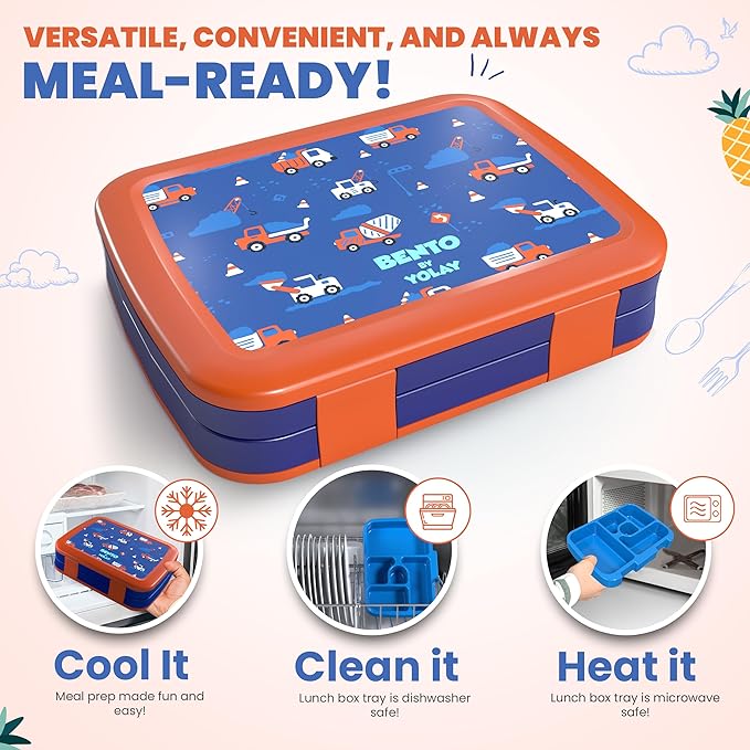 YOLAY Bento Box for Kids Lunch Box Leak-Proof, 5-Compartment Lunch Box Kids for Ages 3-10, Durable with Anti-Slip Base, Suitable for Schools, Outdoor and Travel (Mermaid) (Trucks)