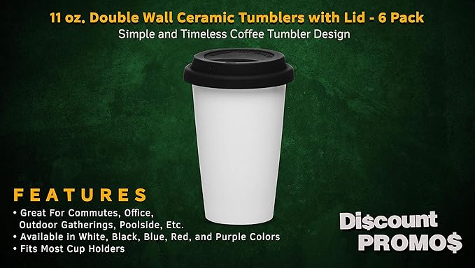 DISCOUNT PROMOS 11 oz. Double Wall Ceramic Tumblers with Lid - 6 Pack - Black