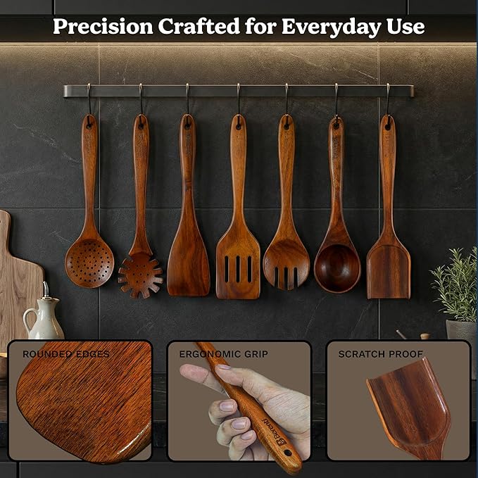 100% Natural Acacia Wooden Cooking Utensils Set - 07 Pcs Wooden Spurtle Set - Spurtles Kitchen Tools As Seen On TV Paddle - Safe for Nonstick Cookware - Stirs Like a Spoon, Flips Like A Spatul