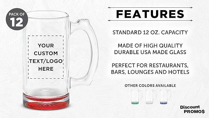 12 Libbey Beer Mugs Set, 12 oz. - Customizable Text, Logo - Groomsmen Glassware - Red
