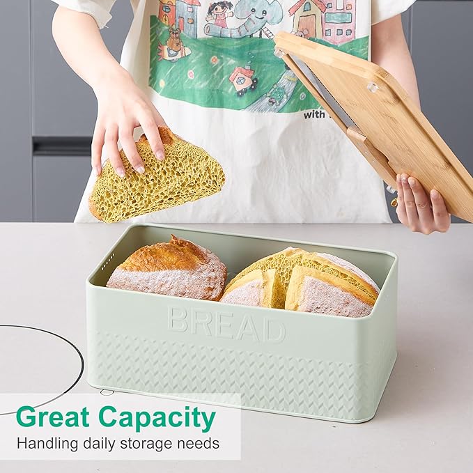 Bread Box for Kitchen Countertop, Large Bread Storage Container with Bamboo Lid, Iron Farmhouse Bread Box for Your House, Green