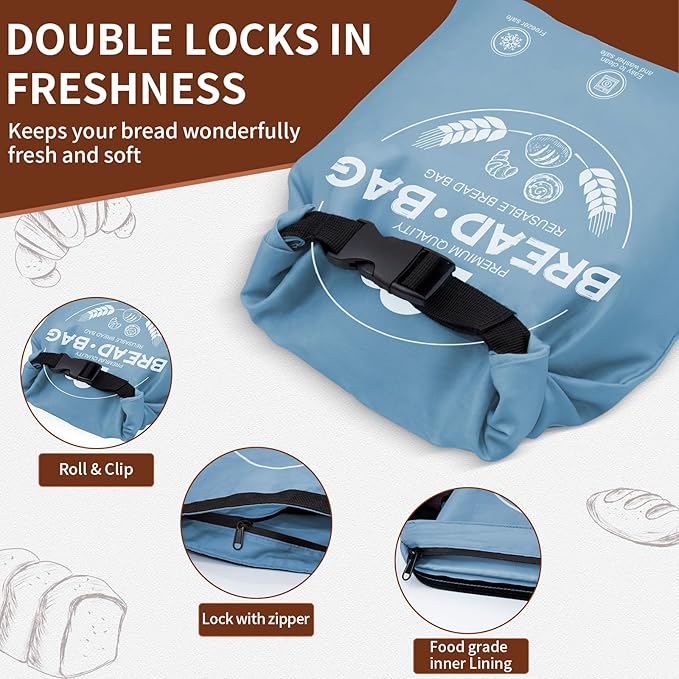 Bread Bags for Homemade with Beeswax Wrap - Zipper Reusable Bread Bag for Sourdough 2-Pack, Large Reusable Food Storage Bag to Keep Sourdough Fresh, Freezer-Safe, Eco-Friendly (Blue&Grey)