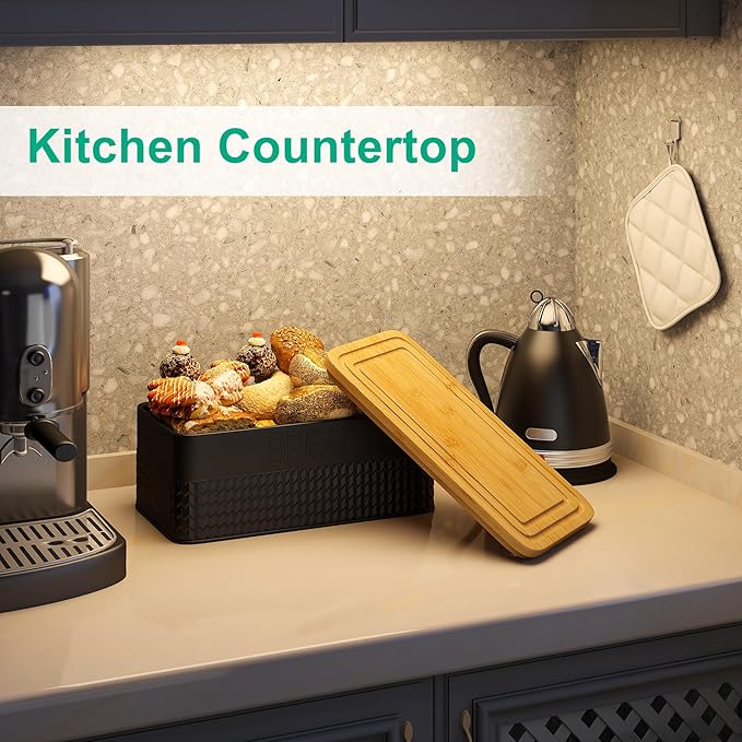 Black Bread Box for Kitchen Countertop, Large Bread Storage Container with Bamboo Lid, Iron Farmhouse Bread Box for Your House