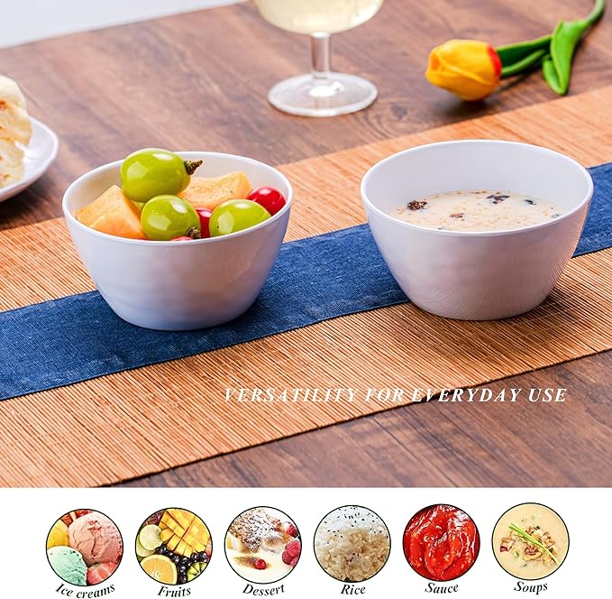 4.7-Inch Melamine Rice Bowls (Set of 6) - 12oz Unbreakable and Reusable Soup Bowls with Ceramic Feel, Stackable and Dishwasher-Safe Dinnerware (White)