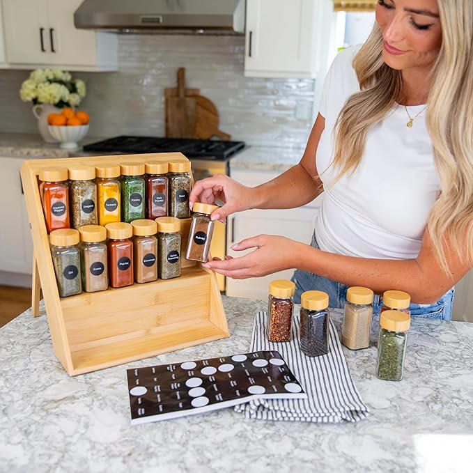 Extra Sturdy 3-Tier Bamboo Spice Rack – 12" W x 10" D x 13" H – Foldable Non-Slip Wooden Spice Organizer for Countertop and Cabinet – Includes Labels, Funnel & Hooks – Spice Jars NOT Included