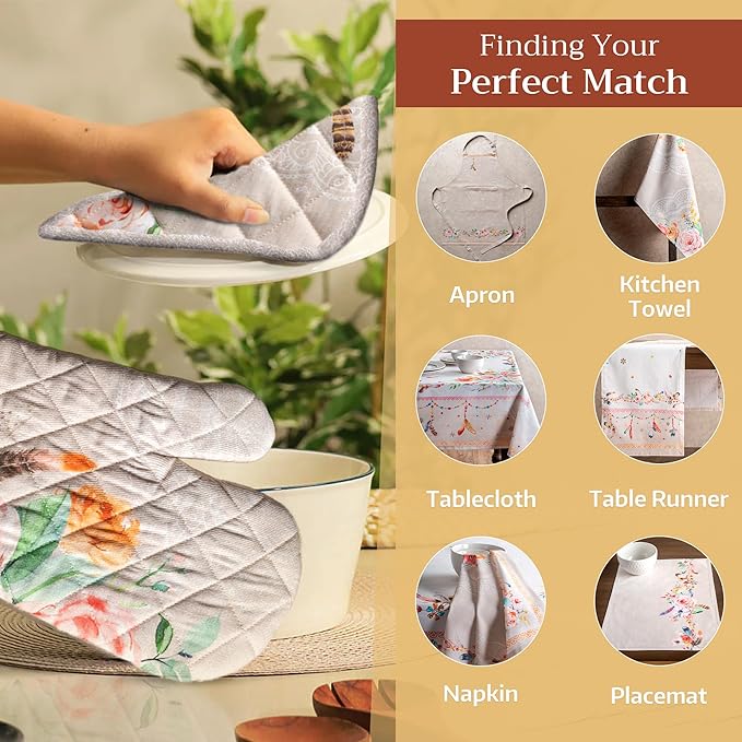 Maison d' Hermine 100% Cotton Oven Mitt & Pot Holder Set (7.5"x13" & 8"x8") Heat Resistant BBQ Cooking Gloves with Loop, Baking, Grilling, Kitchen, Handling Hot Pans Spring/Summer (Ibiza - Beige)