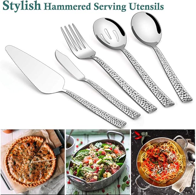 E-far Hammered Serving Utensils, 5-Piece Stainless Steel Square Hostess Serving Set for Buffet Party Kitchen Restaurant, Mirror Finished & Dishwasher Safe